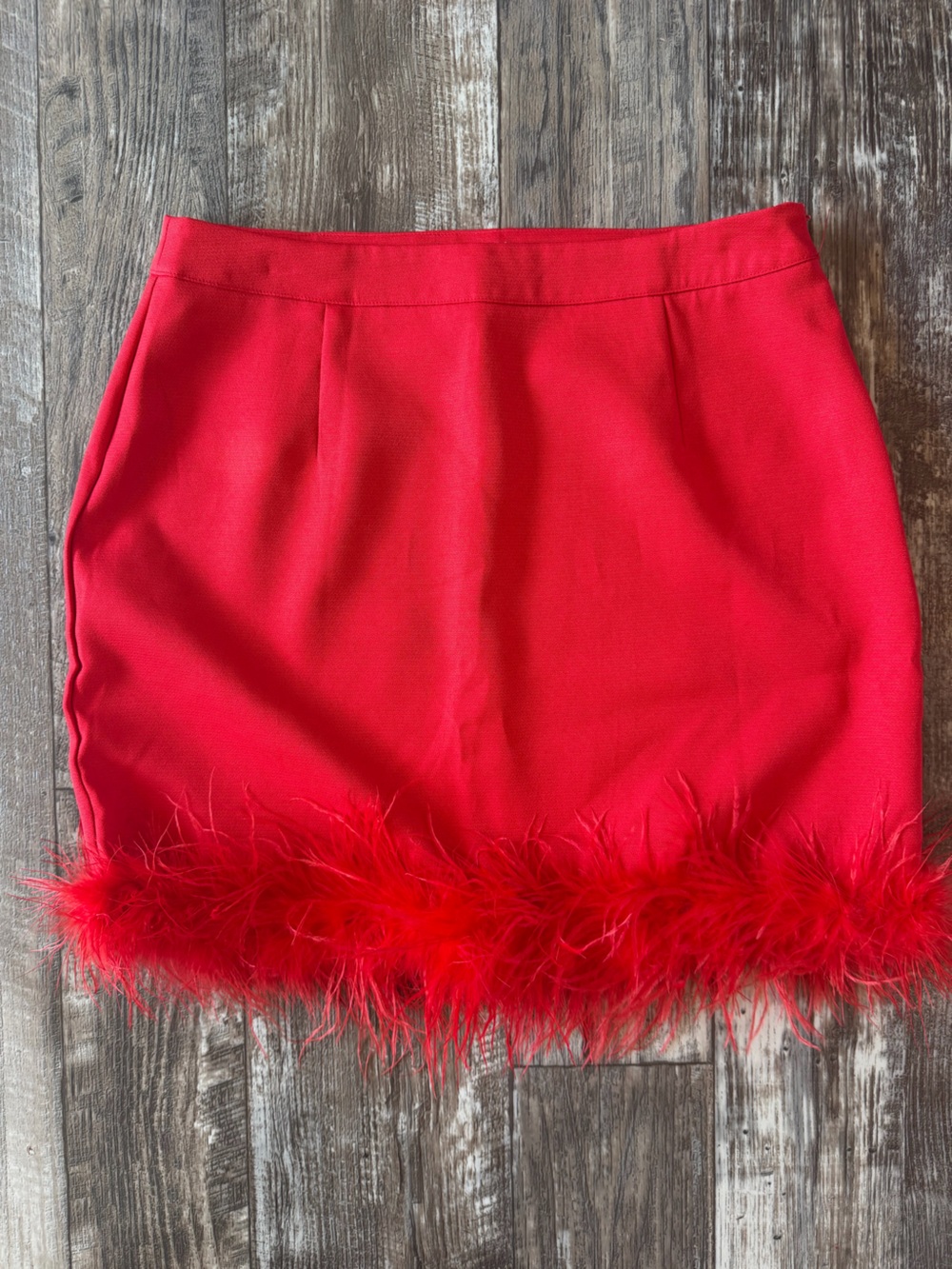 Main Strip Red Feather Trim Mini Skirt Large Y2K Party Girl Burlesque Showgirl